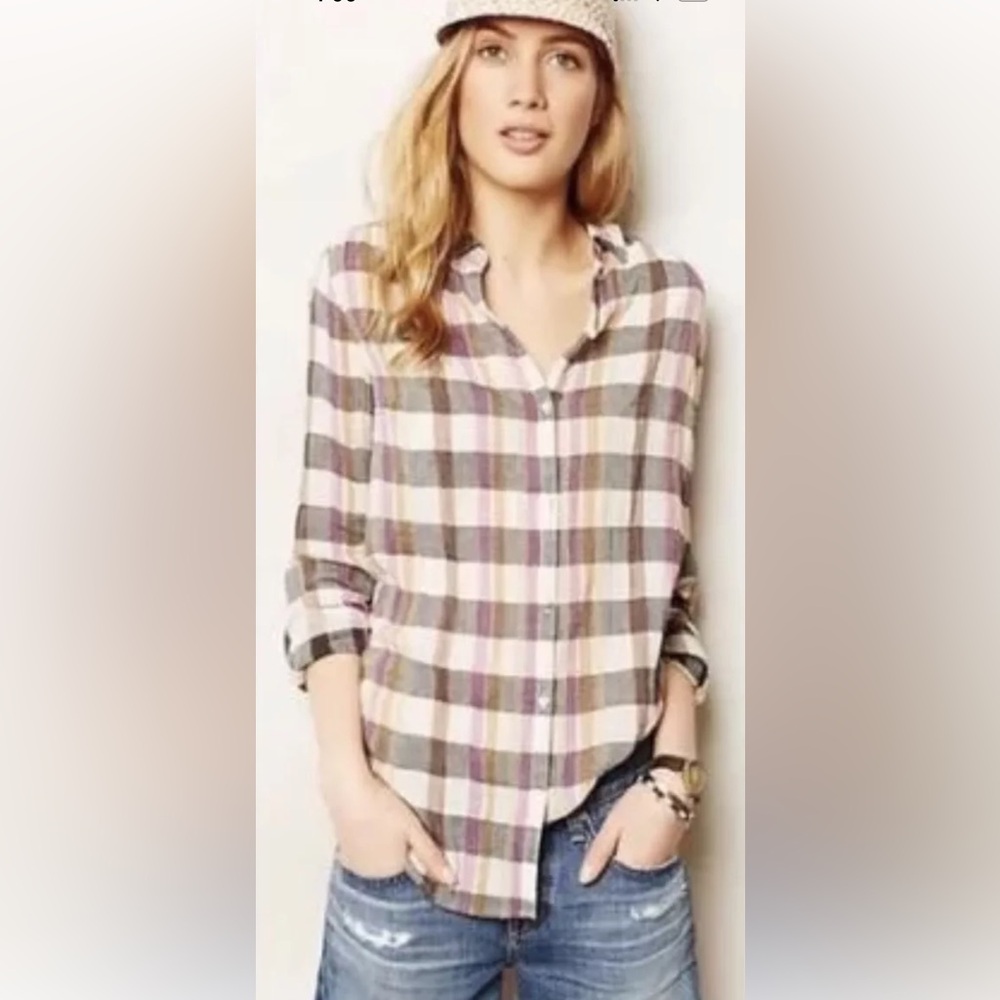 Anthropologie ISABELLA SINCLAIR Boho Shirt Plaid Lace Top Blouse